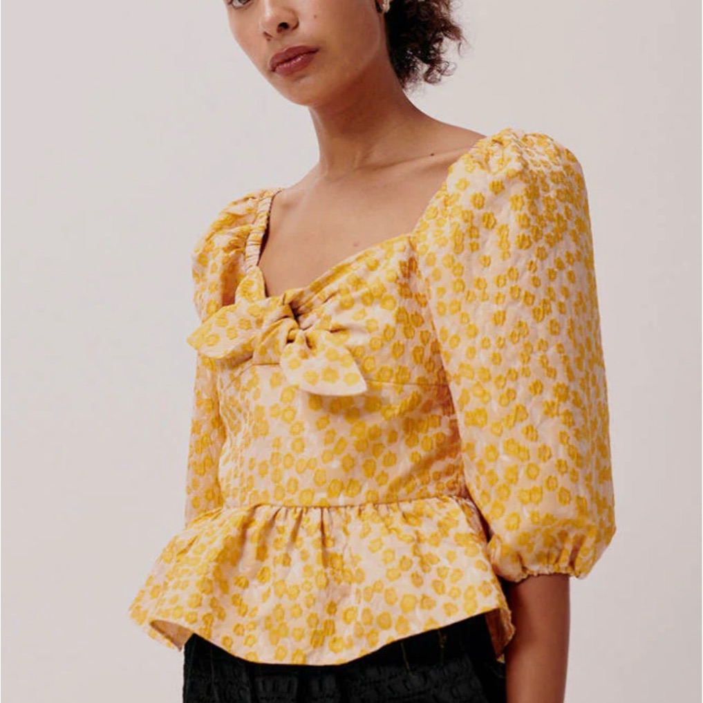 Hofmann Copenhagen Margot Top Puff-Sleeve Peplum Embroidered Blouse Whimsy Bow